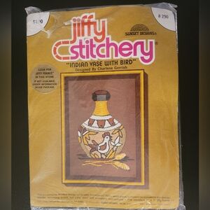 Vintage 1976 Jiffy Stitchery “Indian Vase With Bird” Needlepoint Kit #290 Aztec